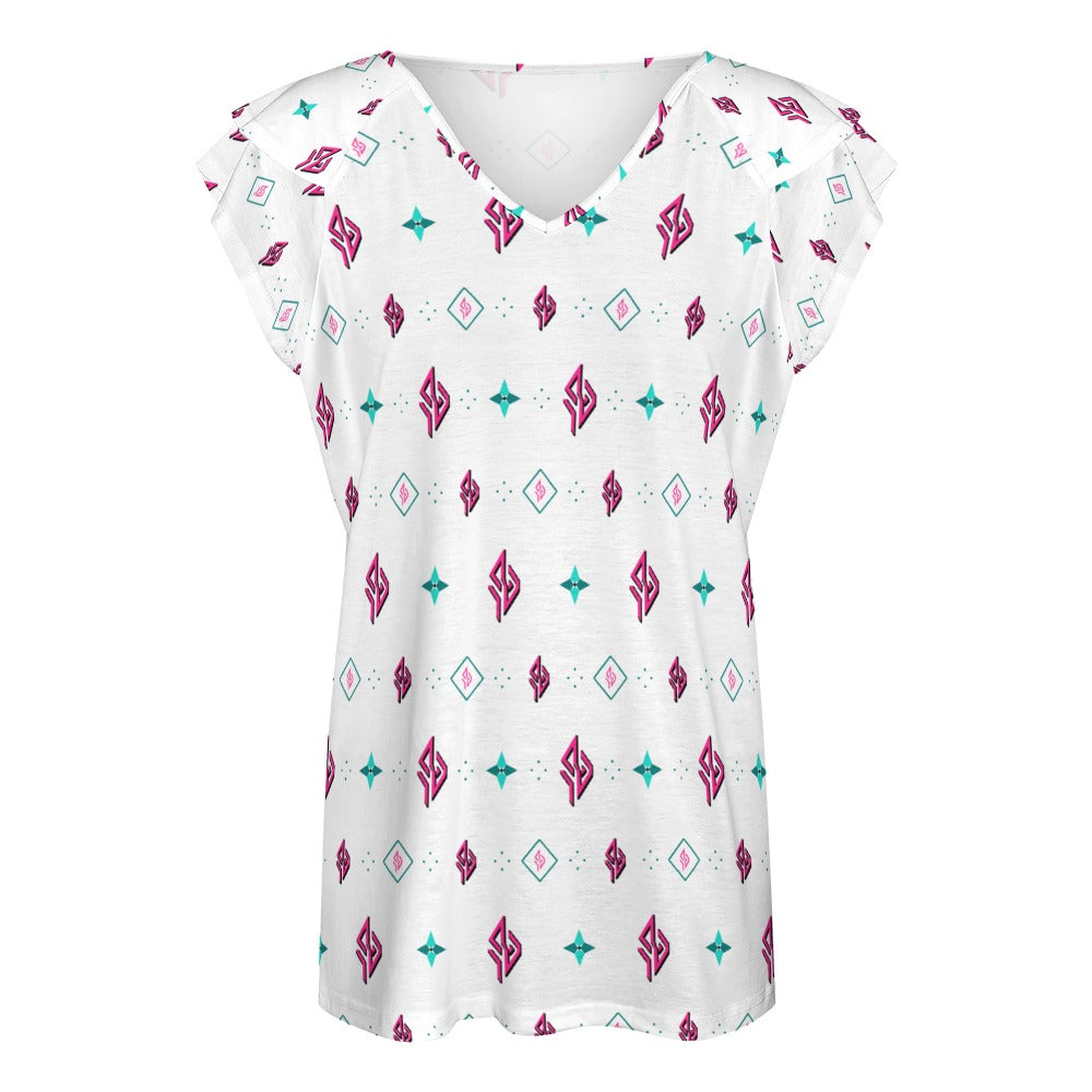 SUÐR Signature V-Neck Tee Damen – Weiß/Pink-Türkis
