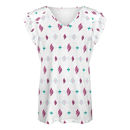 SUÐR Signature V-Neck Tee Damen – Weiß/Pink-Türkis