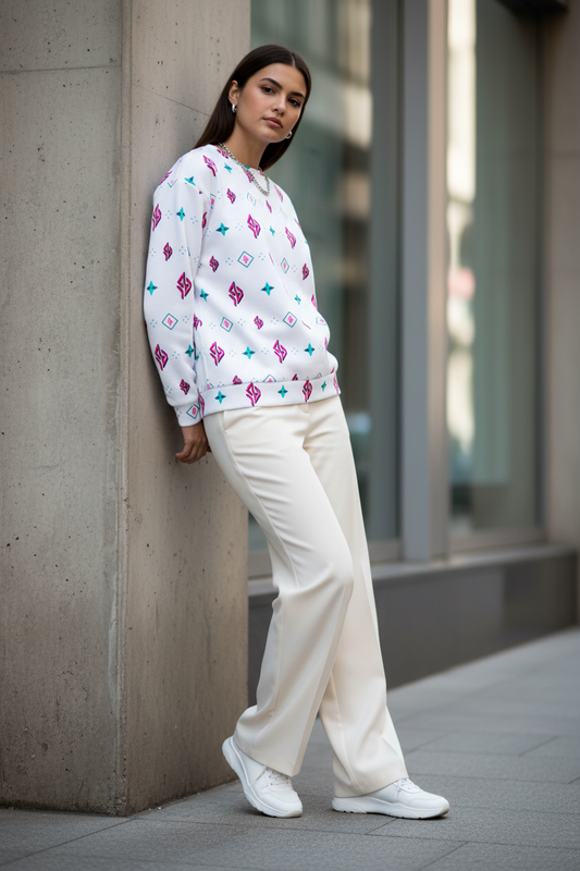 SUÐR Sweatshirt – Weiß/Pink-Türkis