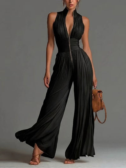 White Pleated Strap Neck Jumpsuit for Women, Long Wide Leg Fashion Sexy Folded Design eprolo