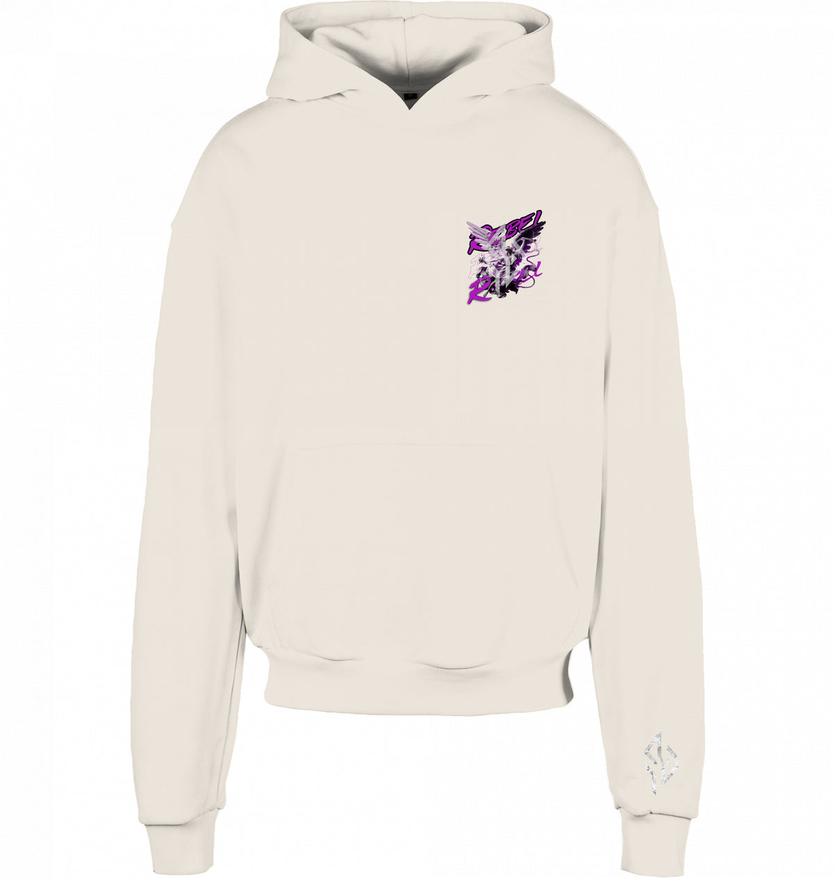 VESTR REBEL – Heavy Box Hoodie in Sand, kleines REBEL-Motiv auf der Brust und Zeichen am Ärmel, von SUÐR