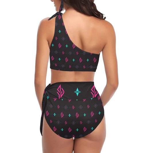Schwarzes Bikini-Set mit SUÐR-Monogramm, One-Shoulder-Top