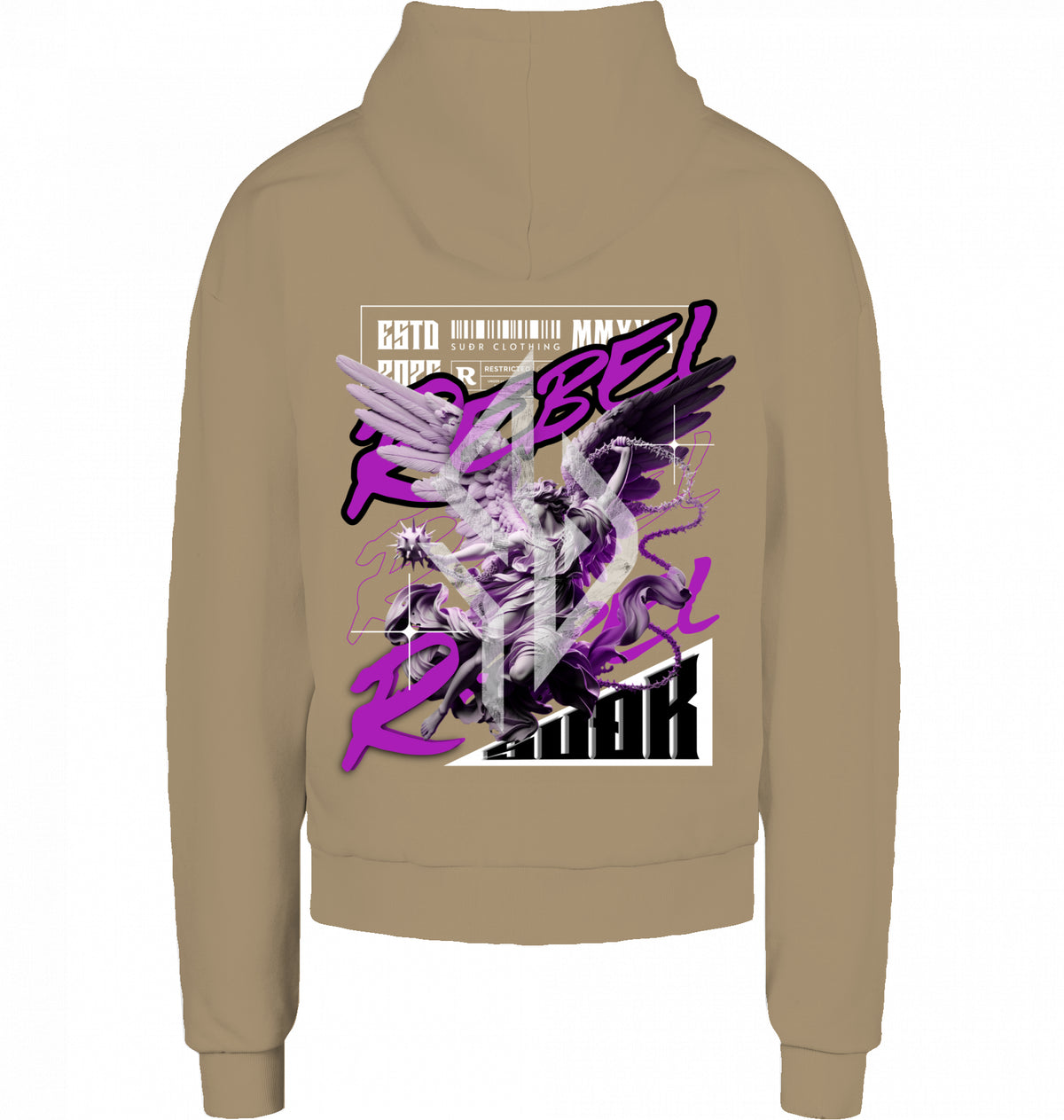 VESTR REBEL – Heavy Box Hoodie in U. Beige, Engel-Backprint REBEL von SUÐR