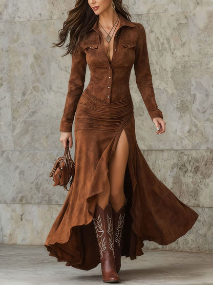 Elegant Zipper Stand Collar Slit Long Dress with Slim Fit eprolo