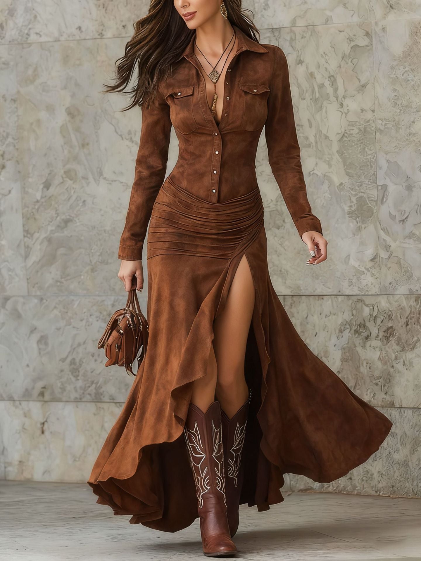 Elegant Zipper Stand Collar Slit Long Dress with Slim Fit eprolo