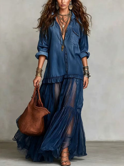 Vintage Denim-like Long Dress Casual Style eprolo