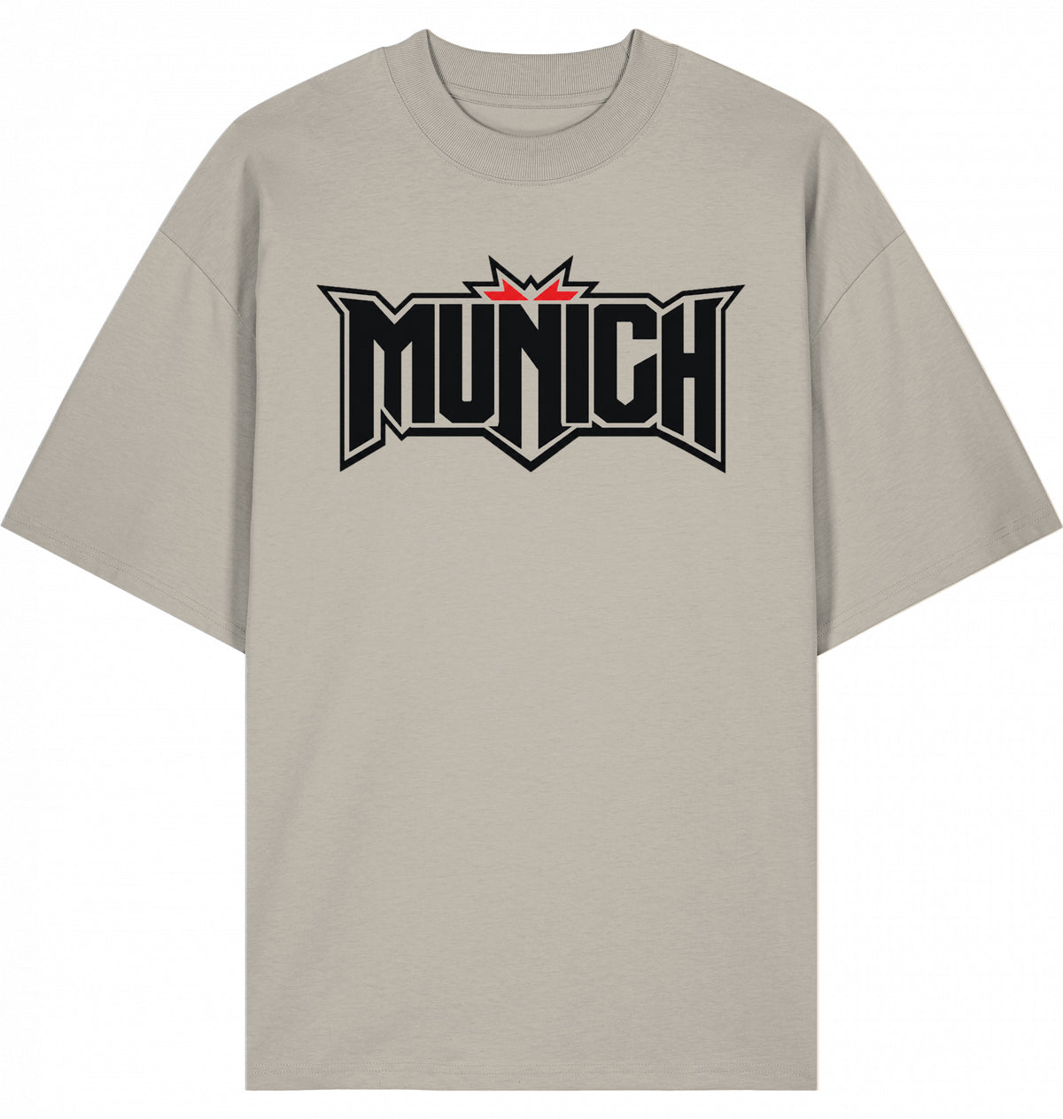 VESTR FEST 01 – MUNICH Oversized Tee in Stone, MUNICH-Schriftzug vorne, von SUÐR