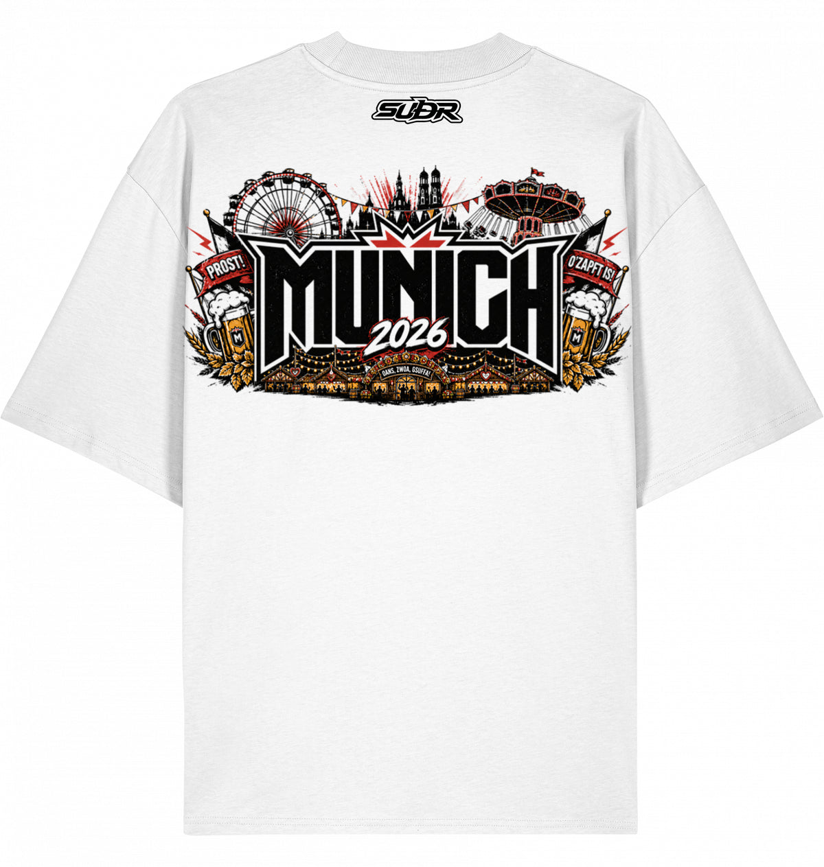 VESTR FEST 01 – MUNICH Oversized Tee in White, Wiesn-Panorama mit 2026 auf dem Rücken, von SUÐR