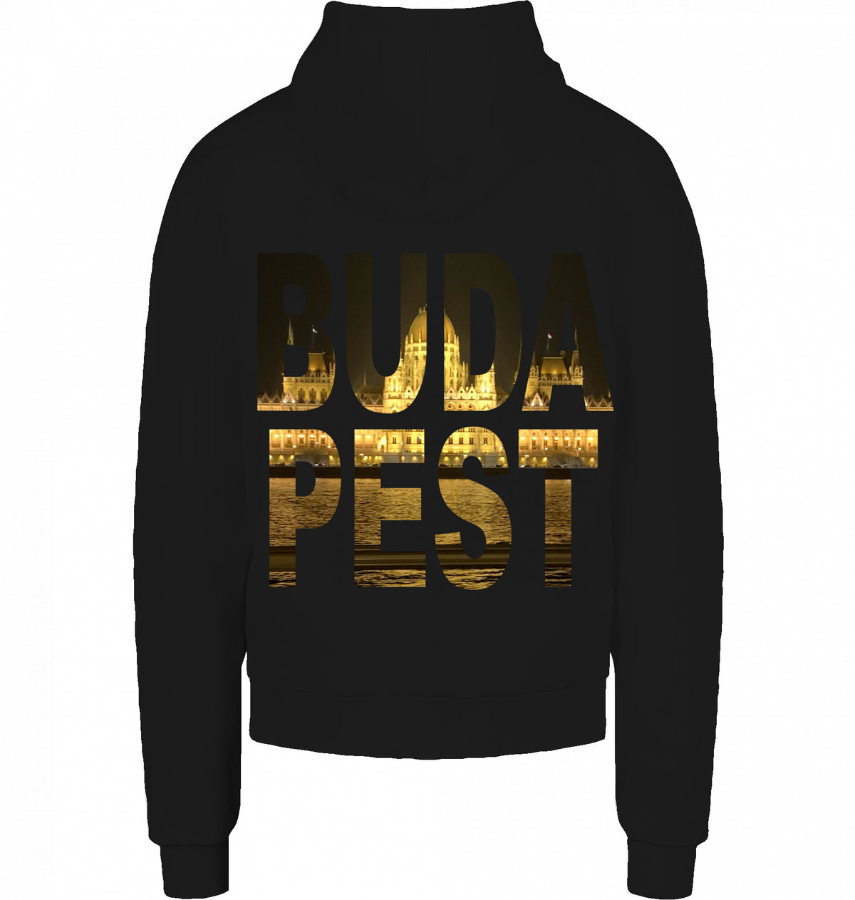 CITY 01 HOODIE BUDAPEST in Schwarz, BUDA PEST Knockout mit Parlament auf dem Rücken, von SUÐR