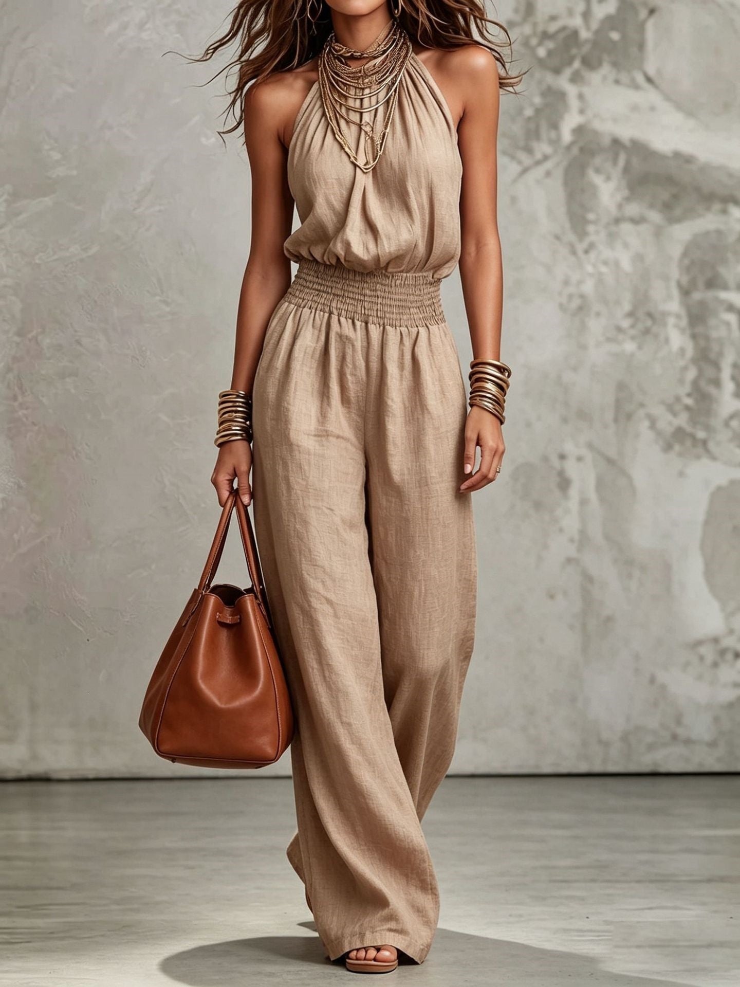 Sleeveless Backless Waist-Tie Halter Wide-Leg Jumpsuit for Women eprolo