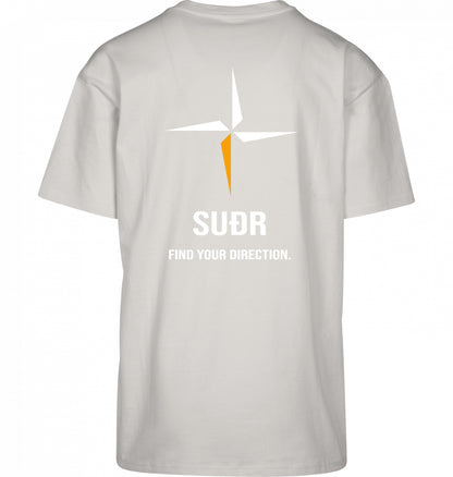 SUÐR FIND Heavy Oversize Tee in Light Asphalt – Rückansicht mit Kompass-Stern und Find Your Direction