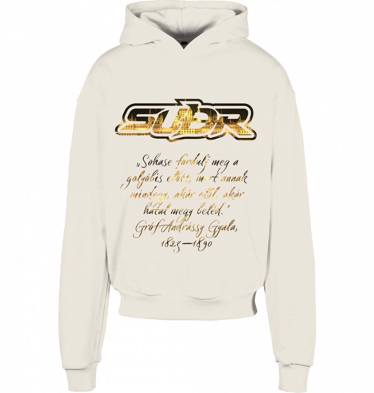 CITY 01 HOODIE BUDAPEST in Sand, SUÐR-Schriftzug und Andrássy-Zitat vorne, von SUÐR