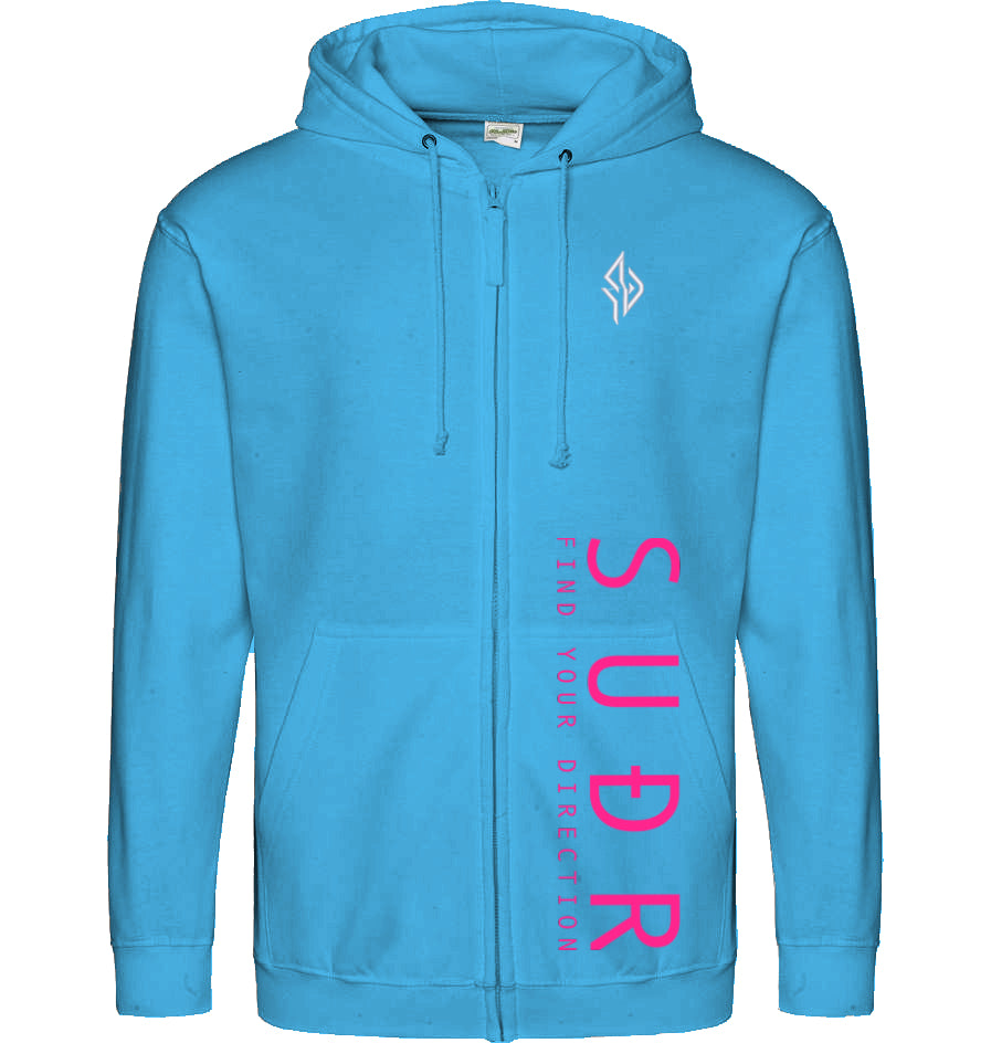 SUÐR FIND 07 Zoodie in Hawaiian Blue – Vorderansicht mit Emblem und SUÐR-Schriftzug