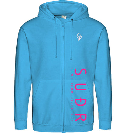 SUÐR FIND 07 Zoodie in Hawaiian Blue – Vorderansicht mit Emblem und SUÐR-Schriftzug