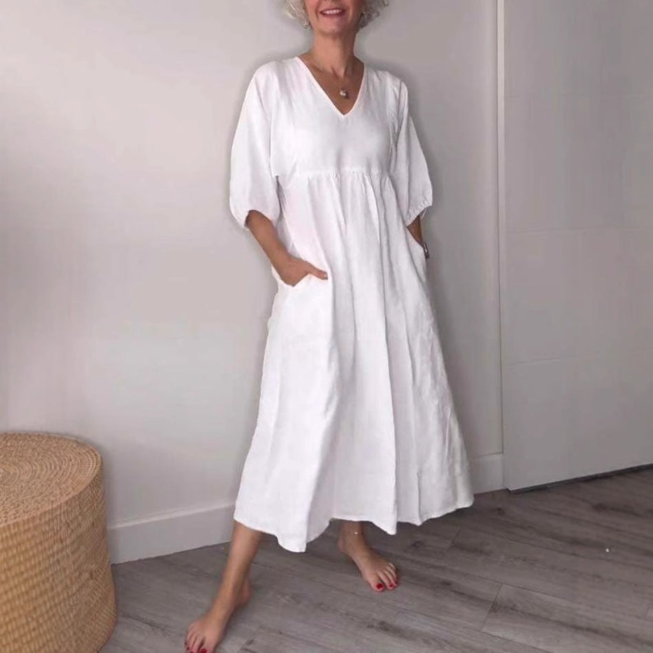 Deep V-neck pleated solid color pocket dress eprolo
