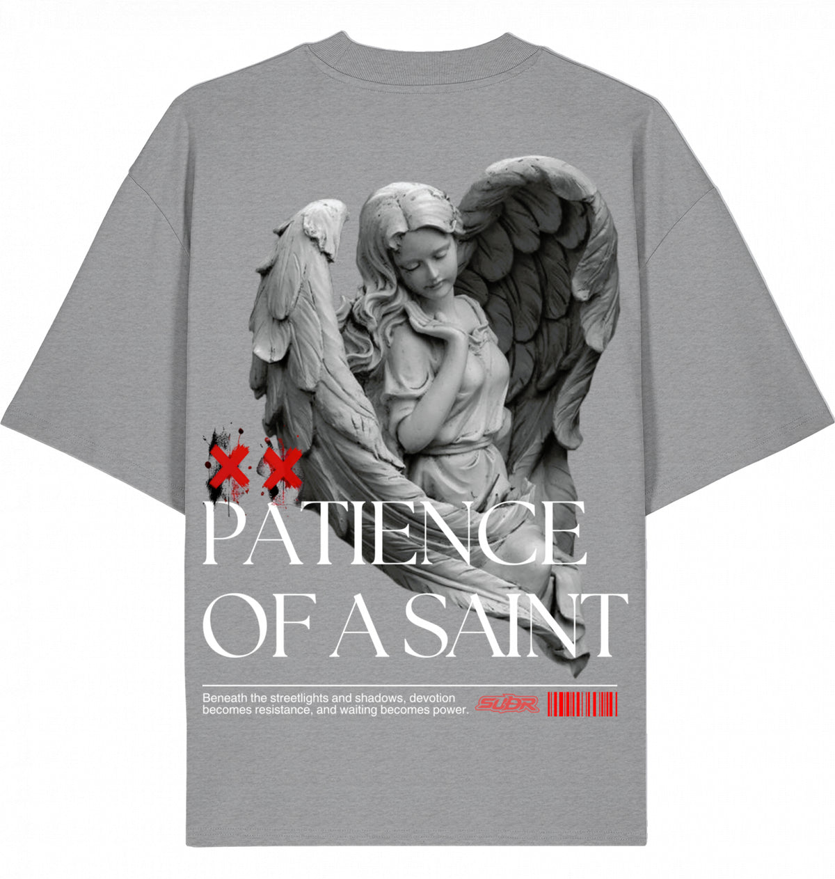 VESTR SAINT – Oversized Tee in Heather Grey, Engel-Backprint „Patience of a Saint“ von SUÐR
