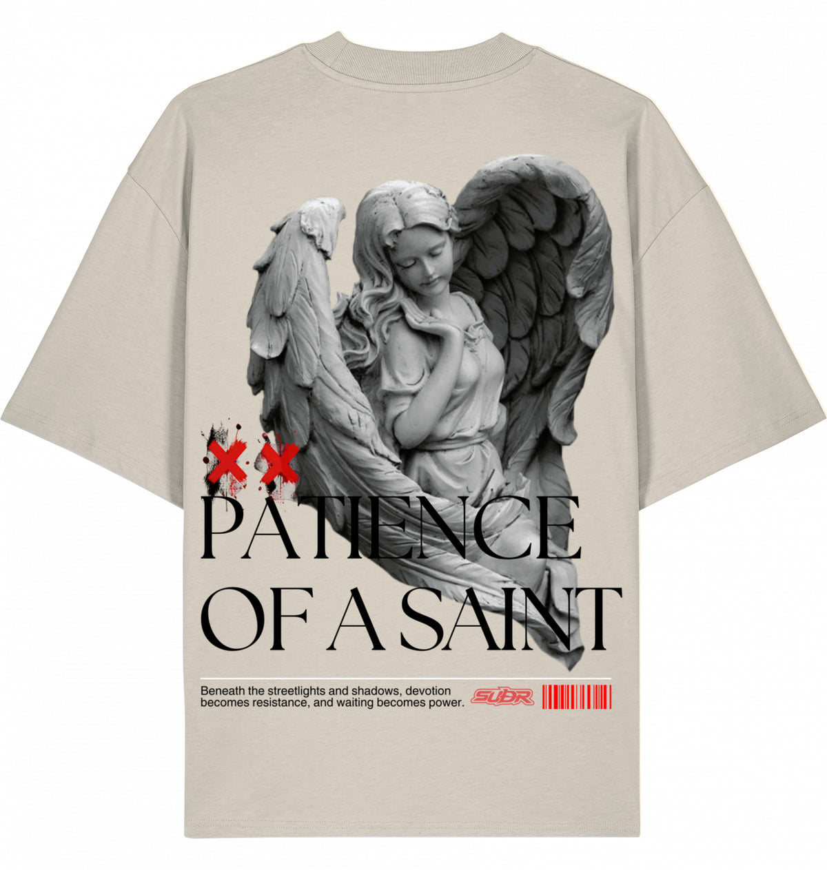 VESTR SAINT – Oversized Tee in Cream, Engel-Backprint „Patience of a Saint“ von SUÐR
