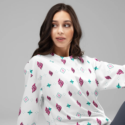 SUÐR Signature Sweatshirt – Weiß/Pink-Türkis