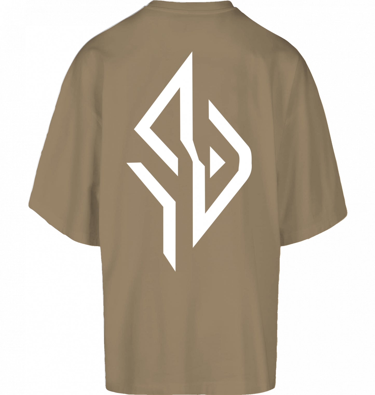 SUÐR FIND Huge Tee in U. Beige – Rückseite mit großem weißem SUÐR-Monogramm im DTF-Druck