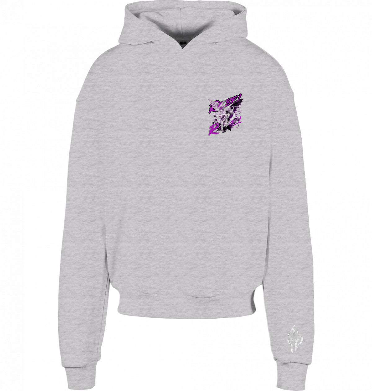 VESTR REBEL – Heavy Box Hoodie in Grey, kleines REBEL-Motiv auf der Brust und Zeichen am Ärmel, von SUÐR
