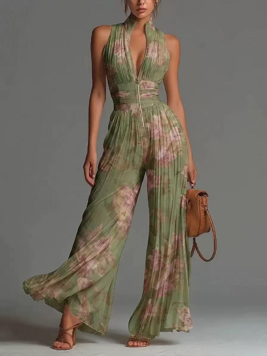 White Pleated Strap Neck Jumpsuit for Women, Long Wide Leg Fashion Sexy Folded Design eprolo