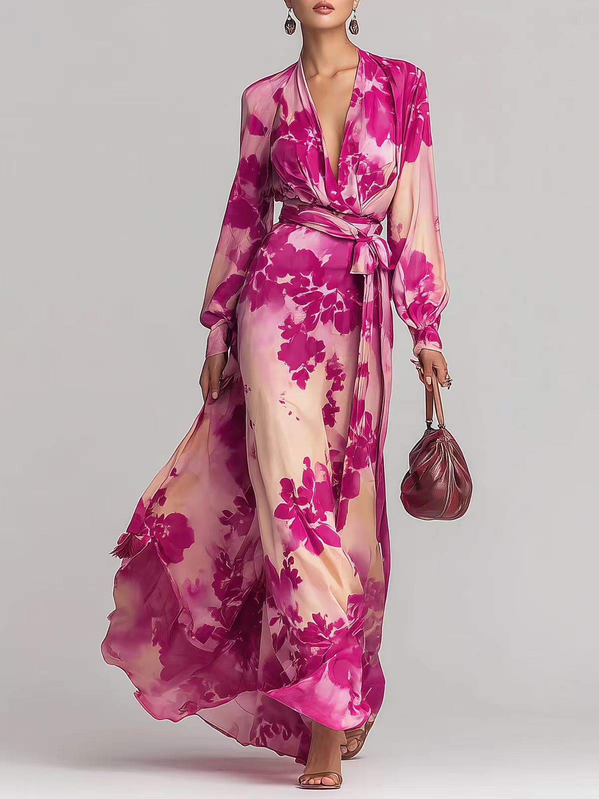 Printed Chiffon Long Sleeve V-Neck Tie-Up Dress Elegant Chic Spring New Long Dress eprolo