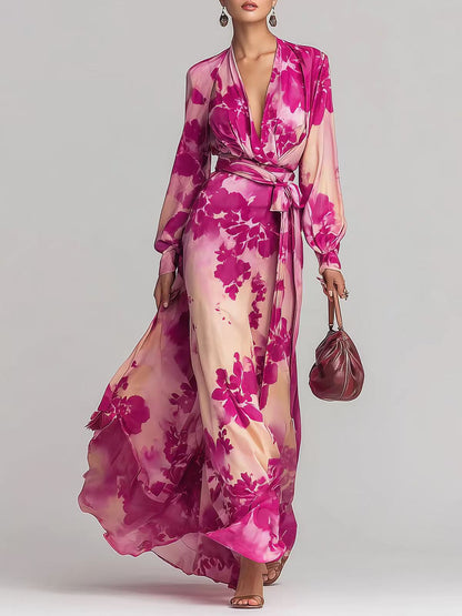 Printed Chiffon Long Sleeve V-Neck Tie-Up Dress Elegant Chic Spring New Long Dress eprolo