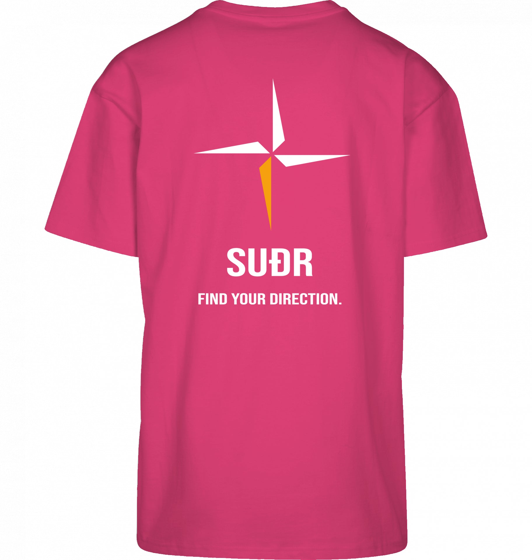 SUÐR FIND Heavy Oversize Tee in Hibiskus Pink – Rückansicht mit Kompass-Stern und Find Your Direction