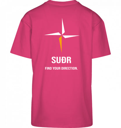 SUÐR FIND Heavy Oversize Tee in Hibiskus Pink – Rückansicht mit Kompass-Stern und Find Your Direction