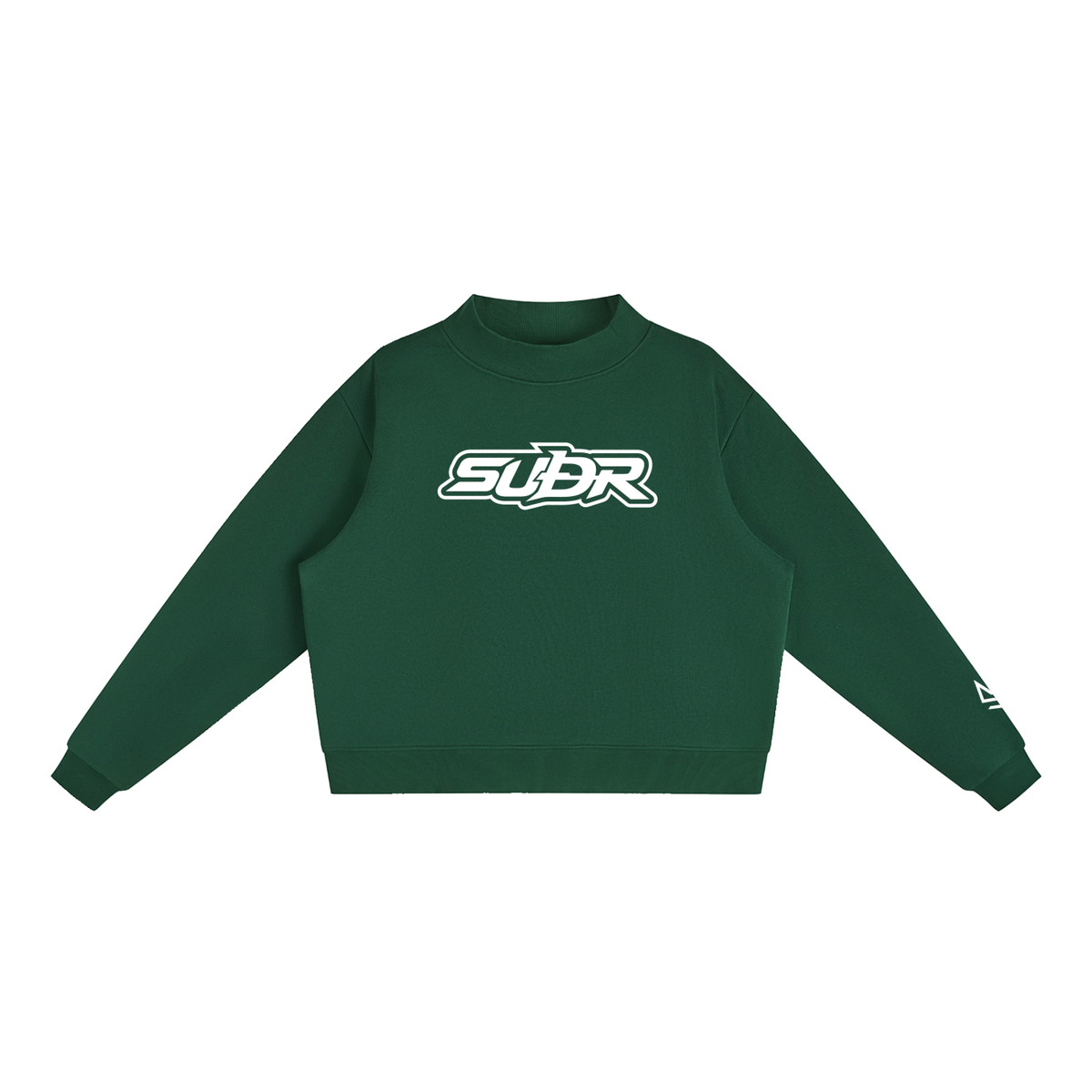 SUÐR Mock-Neck Sweatshirt – Sweatshirt in Blackish Green, Vorderseite mit SUÐR-Schriftzug in Weiß auf der Brust
