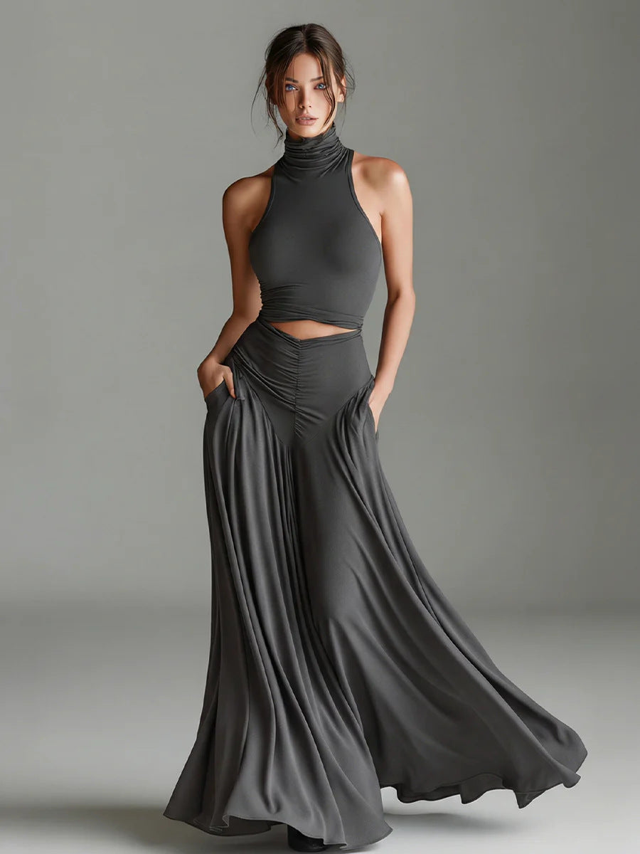 Style Sleeveless High Neck Top with Elegant Long Dress Two-Piece Set eprolo