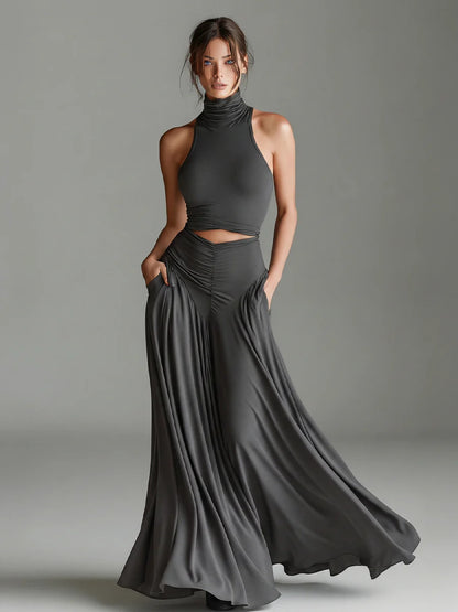 Style Sleeveless High Neck Top with Elegant Long Dress Two-Piece Set eprolo