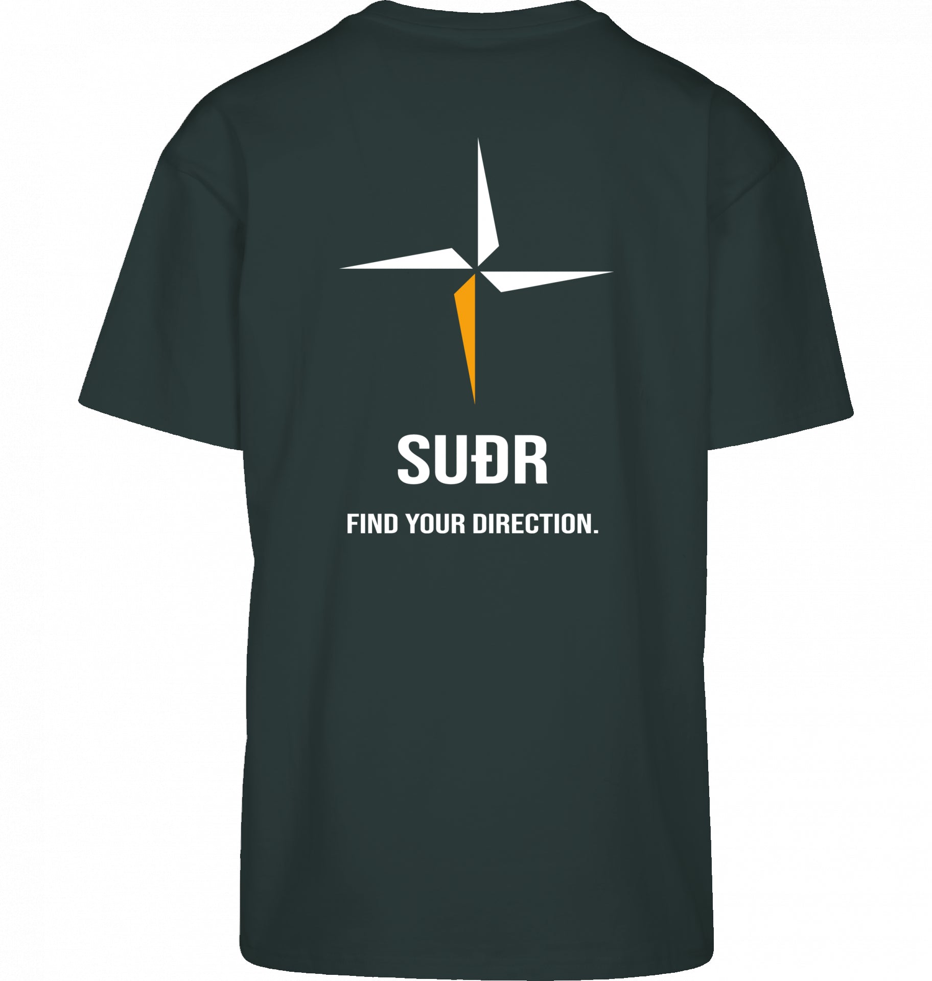 SUÐR FIND Heavy Oversize Tee in Bottle Green – Rückansicht mit Kompass-Stern und Find Your Direction