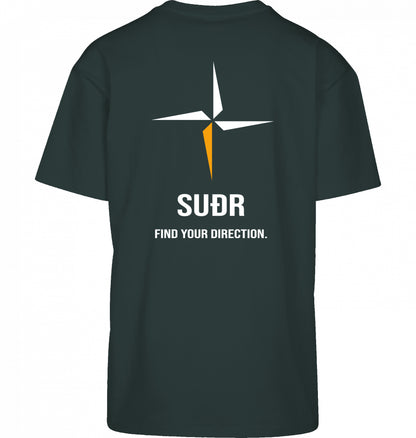 SUÐR FIND Heavy Oversize Tee in Bottle Green – Rückansicht mit Kompass-Stern und Find Your Direction