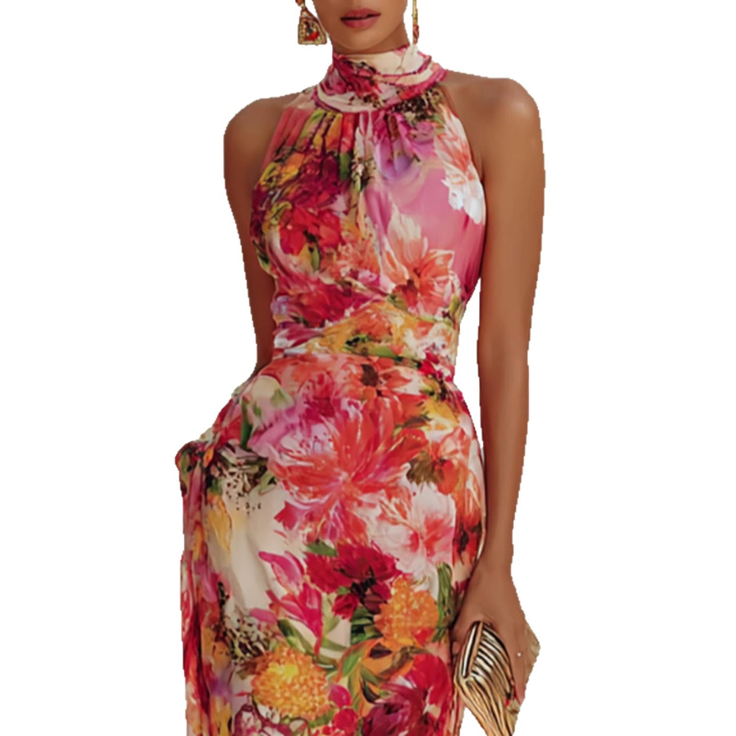 Elegant Floral Strapless Sleeveless Fitted Chiffon Dress eprolo