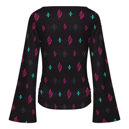 SUÐR Signature Trompetenärmel-Shirt Damen – Schwarz/Pink-Türkis