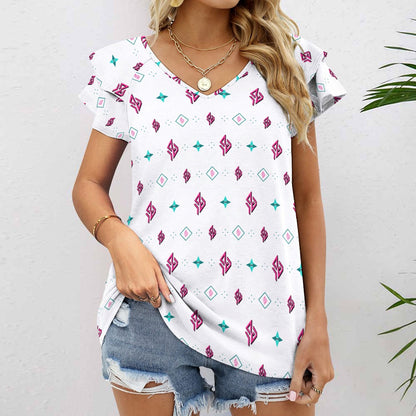 SUÐR Signature V-Neck Tee Damen – Weiß/Pink-Türkis