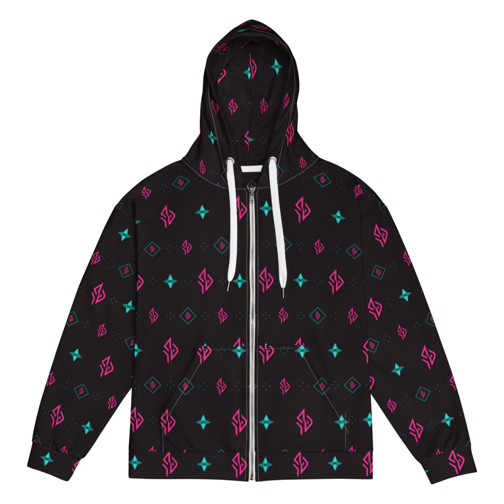 SUÐR Signature Zip Hoodie – Schwarz/Pink-Türkis