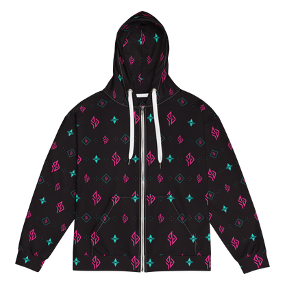 SUÐR Signature Zip Hoodie – Schwarz/Pink-Türkis