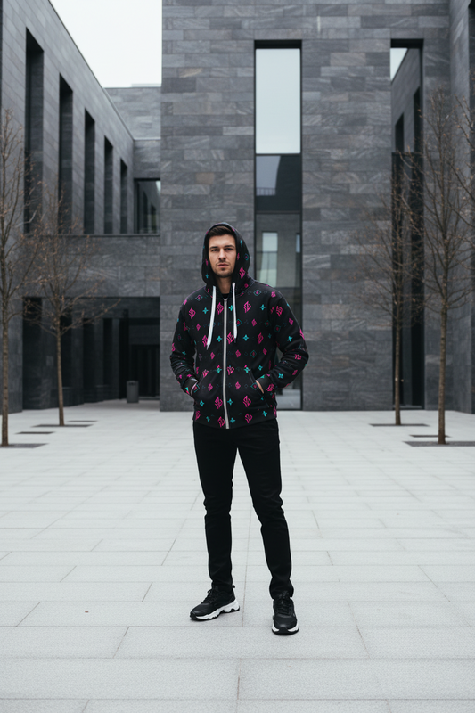SUÐR Zip Hoodie – Schwarz/Pink-Türkis