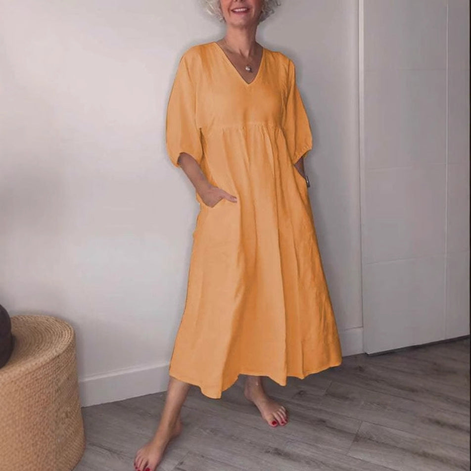 Deep V-neck pleated solid color pocket dress eprolo