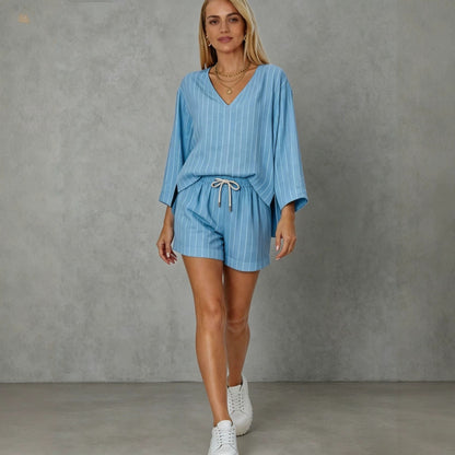 Loose V-neck long sleeved shorts striped set eprolo