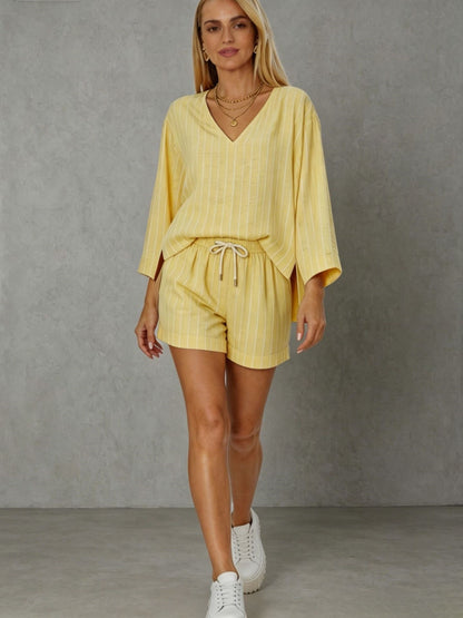 Loose V-neck long sleeved shorts striped set eprolo