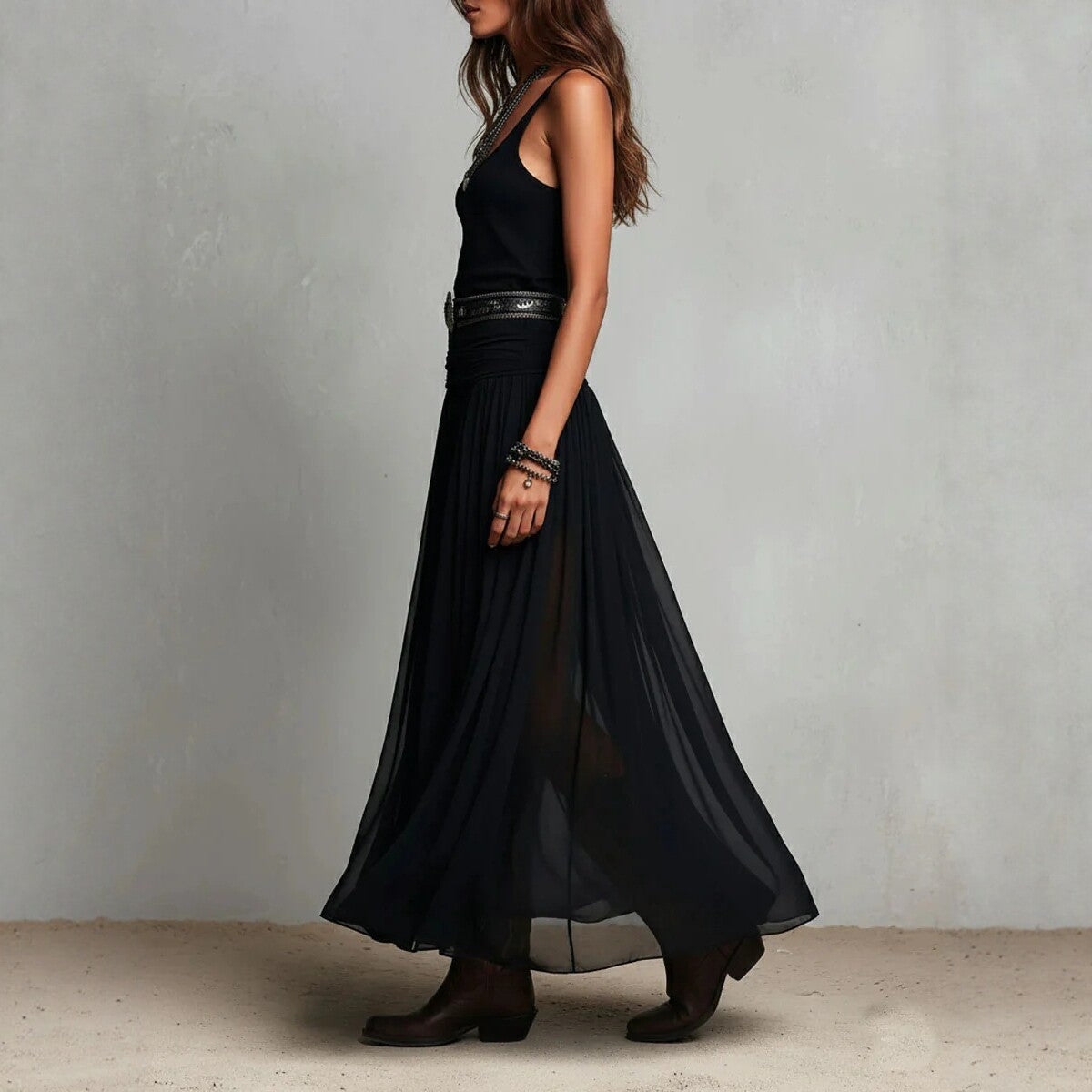 Summer New Black Strap Long Dress for Women, Mesh Dress with Belt eprolo