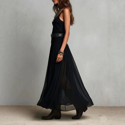Summer New Black Strap Long Dress for Women, Mesh Dress with Belt eprolo