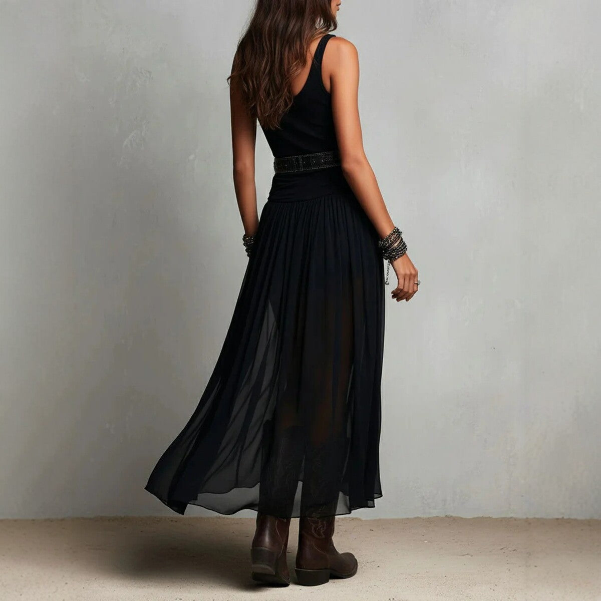 Summer New Black Strap Long Dress for Women, Mesh Dress with Belt eprolo