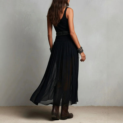 Summer New Black Strap Long Dress for Women, Mesh Dress with Belt eprolo