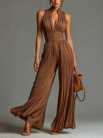 White Pleated Strap Neck Jumpsuit for Women, Long Wide Leg Fashion Sexy Folded Design eprolo