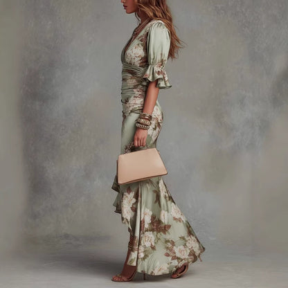 Elegant Long Dress with V-Neck, Fitted Silhouette, Floral Print and Ruffle Hem eprolo