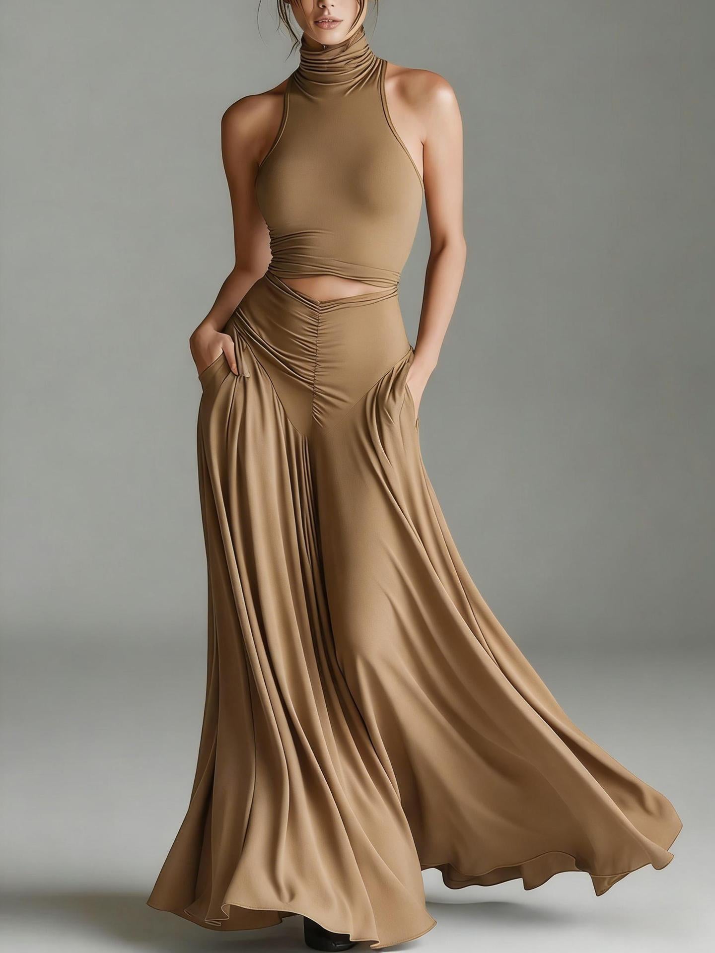 Style Sleeveless High Neck Top with Elegant Long Dress Two-Piece Set eprolo